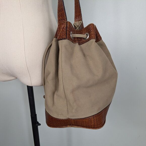 Vintage Talbots Bucket Bag Tan Brown Y2K Handbag Purse Leather Canvas Crossbody - Picture 5 of 16
